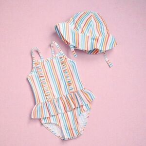 NWT First Impressions Baby Girl Striped One Piece Swimsuit & Hat, 2‎ Piece Set